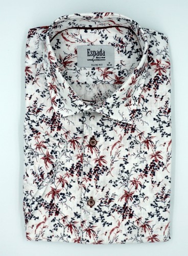 Koszula męska krótki rękaw a'la len w kwiaty slim fit