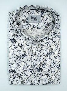 Koszula męska krótki rękaw a'la len w kwiaty slim fit