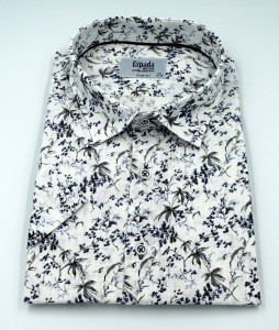 Koszula męska krótki rękaw a'la len w kwiaty slim fit