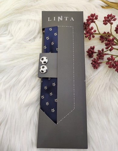 Komplet granatowy krawat+spinki do manketów piłki