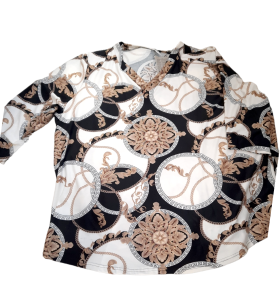 Bluzka damska biała oryginalny beżowo-czarny wzór w serek