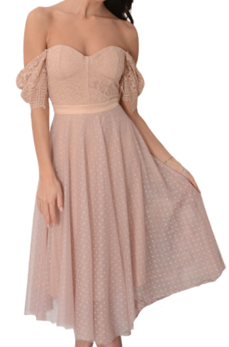 Sukienka tiulowa MIDI wykończenie bardotka