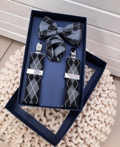 Komplet mucha, poszetka, szelki wzór romby