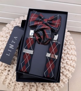 Komplet mucha, poszetka, szelki wzór romby