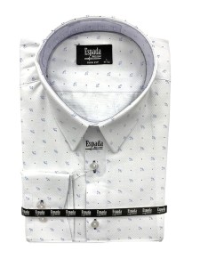 Koszula męska długi rękaw biała fakturowana w błękitne kółka SLIM