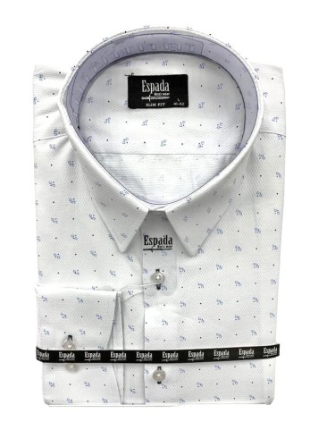 Koszula męska długi rękaw biała fakturowana w błękitne kółka SLIM