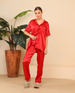 Piżama damska satynowa koszula krótki rękaw plus spodnie