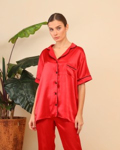 Piżama damska satynowa koszula krótki rękaw plus spodnie