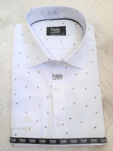 Koszula męska długi rękaw biała w kwiatuszki granatowo-brązowe REGULAR FIT