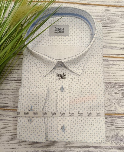 Koszula męska długi rękaw Regularna biała w błękitny wzór strzałki i kropka  