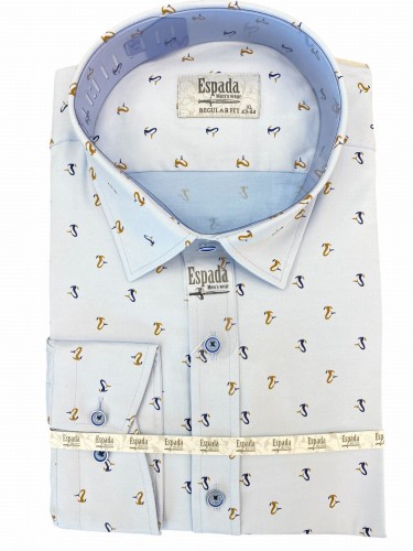 Koszula męska błękitna z długim rękawem REGULAR FIT granatowo-brązowy wzór