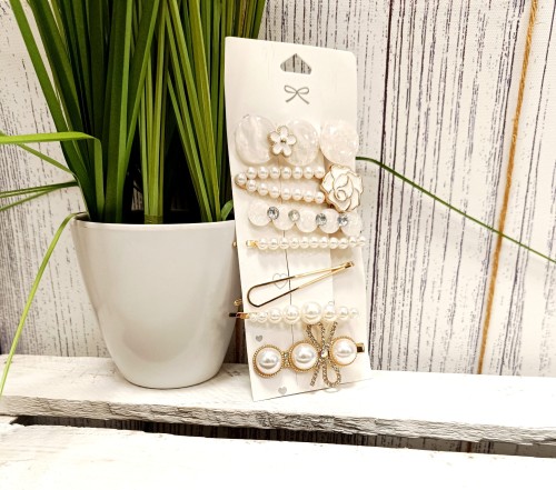 Komplet siedmiu spinek do włosów ecru perełki, kwiatuszki, cyrkonie 