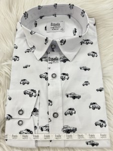Koszula męska biała długi rękaw SLIM FIT wzór czarne samochody