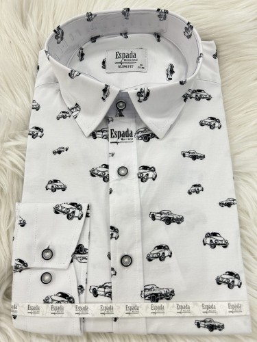 Koszula męska biała długi rękaw SLIM FIT wzór czarne samochody