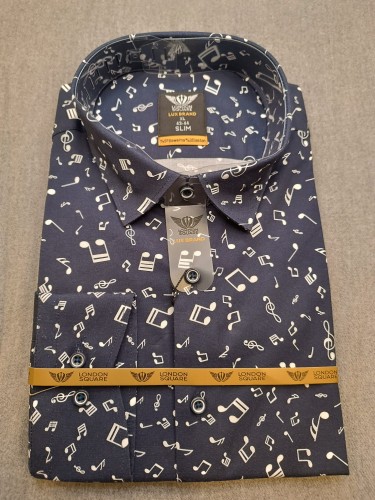 Koszula długi rękaw granatowa w nuty SLIM FIT 