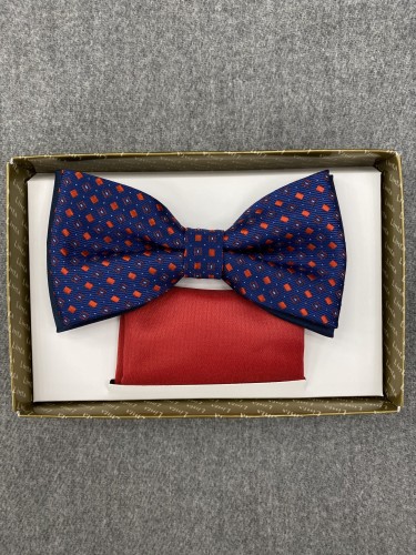 Mucha męska granatowa w czerwone kwadraty i kropki z poszetką