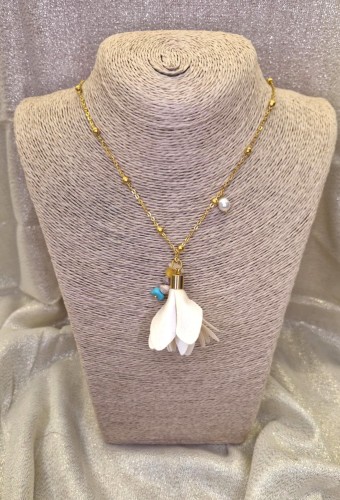 Naszyjnik długi kamienie perła ozdobny kwiat 