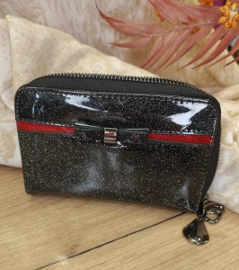 Portfel damski zauwany z kokarda brokatowy lakierowany 