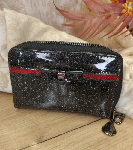 Portfel damski zauwany z kokarda brokatowy lakierowany 