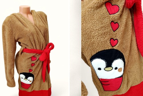 Szlafrok damski z kapturem pingwinek i serduszka 