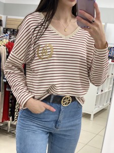 Bluza damska beżowa w czerwone paski złoty nadruk LA