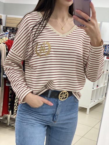 Bluza damska beżowa w czerwone paski złoty nadruk LA