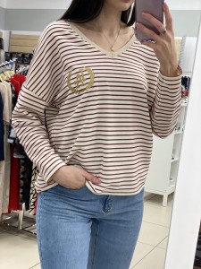 Bluza damska beżowa w czerwone paski złoty nadruk LA