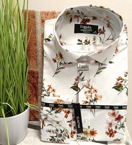 Koszula męska długi rękaw biała w kwiaty SLIM FIT