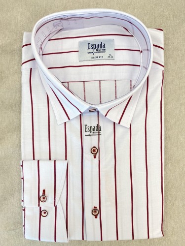 Koszula męska dlugi rękaw biała w bordowe paski SLIM FIT