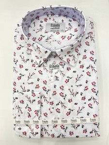 Koszula męska biała długi rękaw wzór malutkie czerwone kwiaty z czarnymi łodygami REGULAR FIT