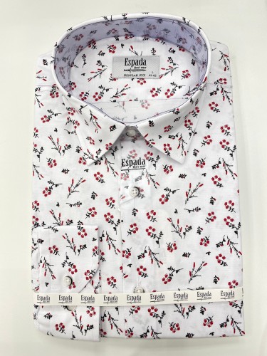 Koszula męska biała długi rękaw wzór malutkie czerwone kwiaty z czarnymi łodygami REGULAR FIT