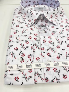 Koszula męska biała długi rękaw wzór malutkie czerwone kwiaty z czarnymi łodygami REGULAR FIT