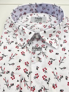 Koszula męska biała długi rękaw wzór malutkie czerwone kwiaty z czarnymi łodygami REGULAR FIT