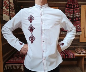 Koszula męska biała na stójce wzór parzenice czerwona lamówka