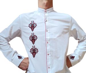 Koszula męska biała na stójce wzór parzenice czerwona lamówka