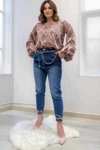 Spodnie damskie jeans  MOM FIT z paskiem perełkowym