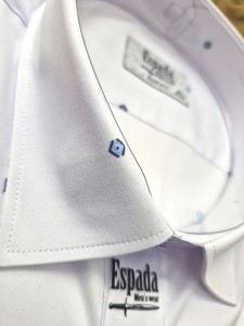 Koszula męska biała we wzorek krótki rękaw kołnierzyk SLIM FIT