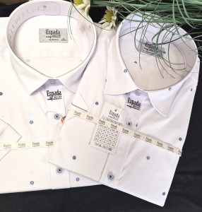 Koszula męska biała we wzorek krótki rękaw kołnierzyk SLIM FIT