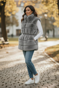 Bezrękawnik futerko damskie wstawki eko skóra guma w pasie