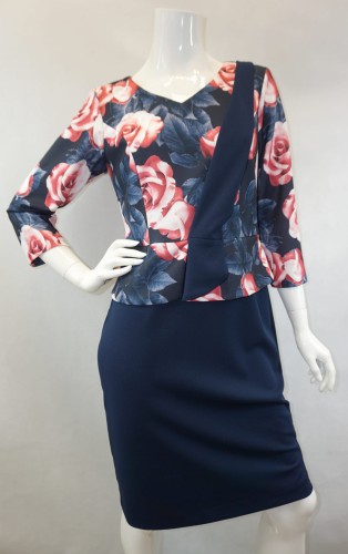 Sukienka midi granatowa wzór góra czerwone róże