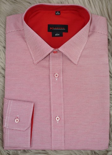 Koszula męska długi rękaw SLIM czerwona wzór pepitka